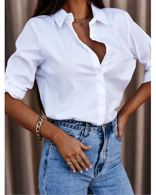 Per donna Camicia Camicie di cotone e lino Abbottonare Blusa Tinta unica Semplice Streetwear Essenziale Casual Manica Lunga Colletto a Camicia Top Regolari Casuale Quotidiano Weekend Bottoni Bianco