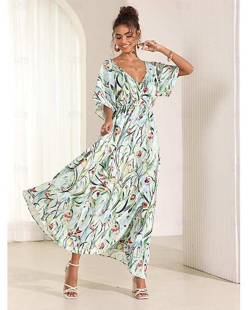 Femmes Robe Midi Robe évasée Robe trapèze Robe d'été Élégant Bohème Tropical Manche flottante Vacances Quotidien Date Coupe Ample Fleuri Manche Courte Col en V Bleu Vert Été