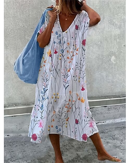 Mujer Vestido Midi Vestidos inspirados en el lino Vestido tipo jersey Vestido bohemio de manga larga Elegante Bohemia Casual Vacaciones Hogar Diario Holgado Floral Escote en Pico Rosa Rojo Azul