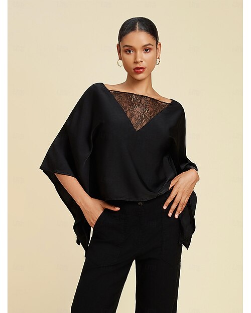 Per donna Top estivi Colore Solido / Tinta Unita Casual Quotidiano Weekend Manica a pipistrello Nero Pizzo Maniche a mantellina Casual Quotidiano A barca Estate