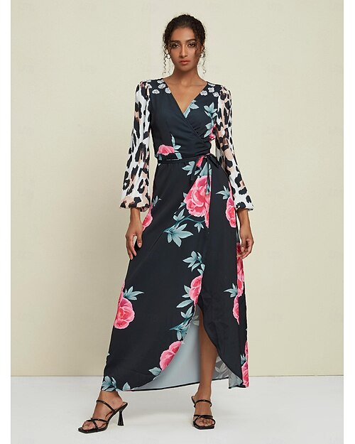Robe longue en satin à imprimé léopard et fleurs pour invités de mariage, manches courtes, col en V