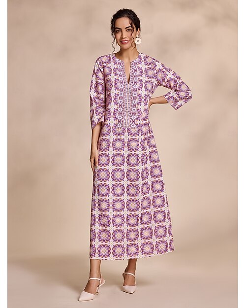 robe longue ethnique à col cranté et fleurs