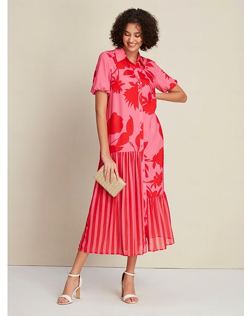 Damen Lockeres Kleid Elegantes Kleid Maxikleid Rosenrot Kurzarm Blumen Gestreift Drucken Asymmetrischer Saum Frühling & Sommer Hemdkragen Elegant S M L