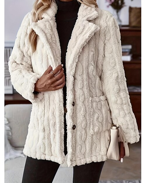 Damen Freizeitjacke warm halten Tasche Brautkleider schlicht Feste Farbe Täglich Vorne geknöpft Lang V Ausschnitt Lockere Passform Langarm Oberbekleidung Beige Frühling Herbst