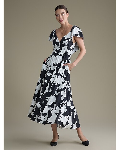 robe fleurie à col en V et taille élastique en mélange de tencel
