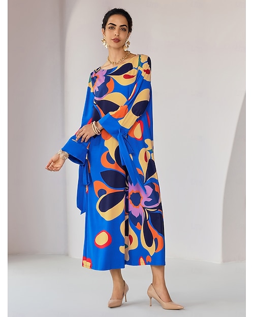 Robe mi-longue décontractée et élégante à col ras du cou et imprimé floral ample