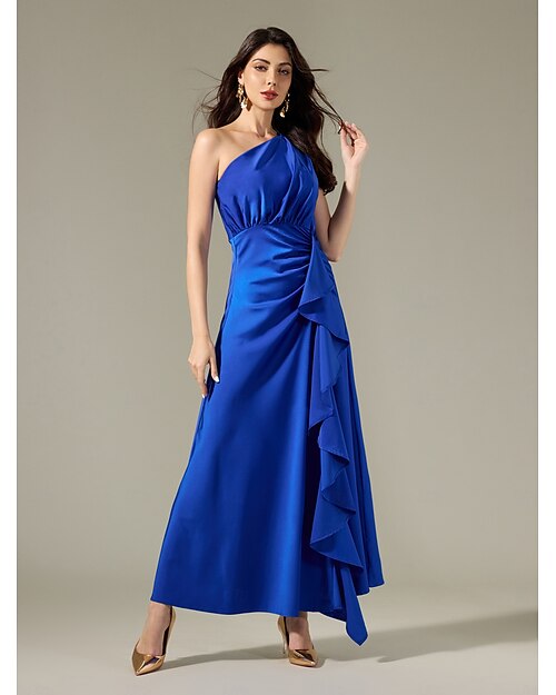 robe longue à volants asymétrique sans manches en satin bleu