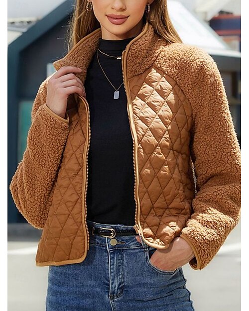 Damen Fleecejacke warm halten Zip Modisch Modern Brautkleider schlicht Glatt Arbeit Freizeitskleidung Reisverschluss Kurz Ständer Lockere Passform Langarm Oberbekleidung Schwarz Weiß Rote Herbst