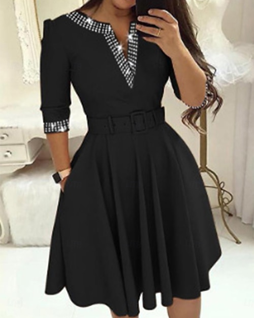 Women's Work Dress Black Dress Fashion Office Midi Dress Sequin V Neck