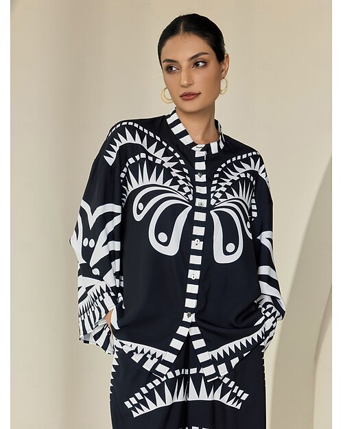 camicetta da donna nera collo alto raso stampa geometrica polsini svasati manica vacanza casual quotidiano primavera estate autunno