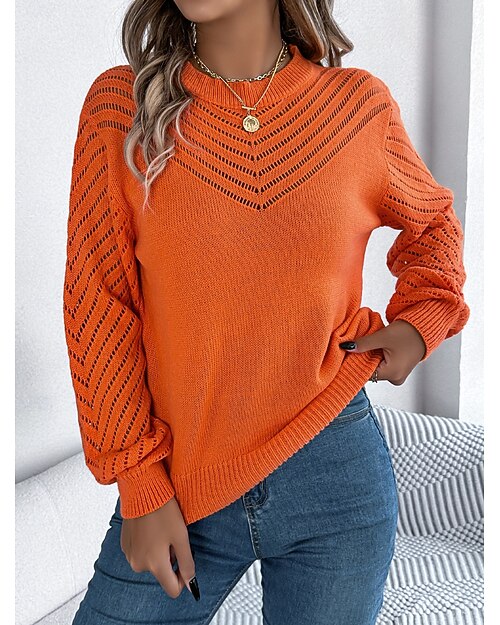 Damen Pullover Elegant Täglich Plaid Einfarbig Rundhalsausschnitt Ausgehöhlt Langarm Normale Oberteile Stricken Arbeit Weiß Orange Herbst Winter