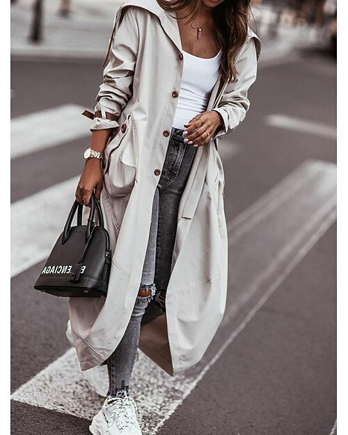 Damen Trenchcoat Arbeit Strasse Herbst Winter Lang Mantel Lockere Passform Zeitgenössisch Stilvoll Brautkleider schlicht Jacken Langarm Feste Farbe Mit Taschen Schwarz Grün Grau