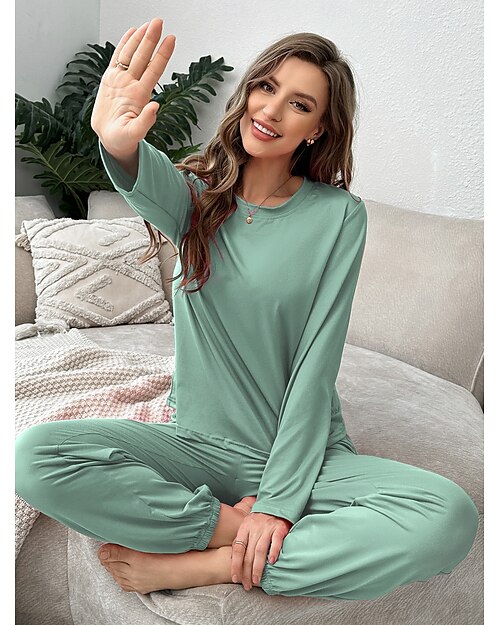 pyjamasset för kvinnor 2 delar ren färg avslappnad komfort comfrt hem spandex komfort andas crew neck långärmad t-shirt t-shirt byxa vår höst hem outfits