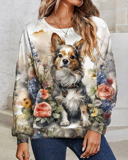 Suéter de mujer con estampado floral de perro, ropa de uso diario, informal, a la moda, cuello redondo, manga larga, microelástico, otoño e invierno, cómodo, transpirable, tejido suave