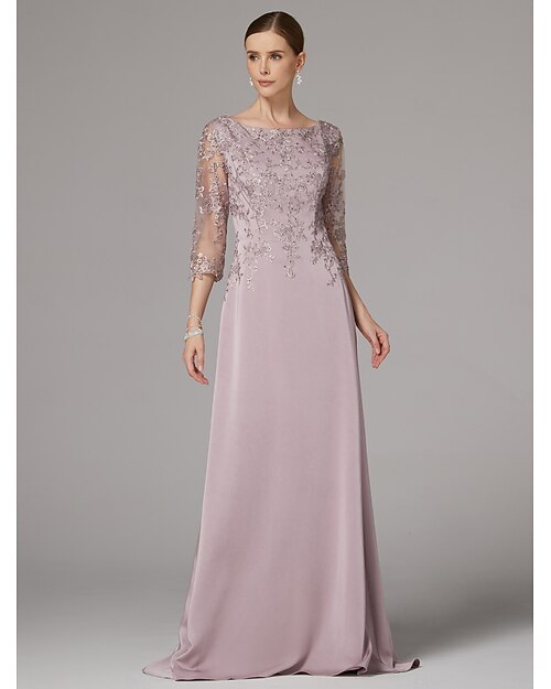 Säulen Kleid Strandhochzeit Brautmutterkleid Eleganter Bateau-Ausschnitt Bodenlang Satin 3/4 Ärmel mit Spitzenapplikationen