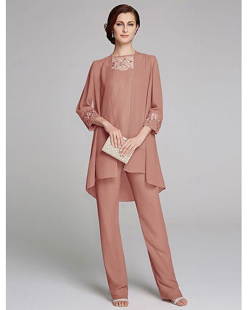 Combinaison  Vêtements de mère de la mariée Formelle Invité de mariage Écharpe incluse Col bijou Longueur au sol Chiffon Dentelle Manches 3/4 avec perles taille personnalisée gratuite