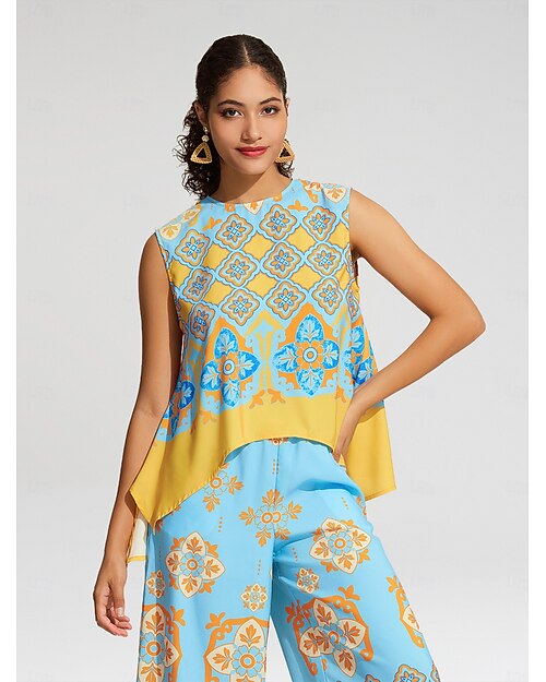 Top in camicia in satin boho con doppio spacco scollo rotondo senza maniche top in camicia
