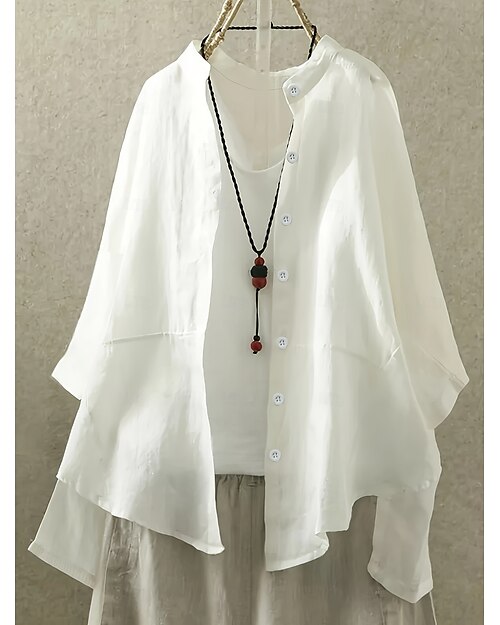 Femmes Grande taille Chemises inspirées du lin Boutonner Chemisier Couleur Unie Occasionnel Manche Courte Col haut Hauts Réguliers Boutons Blanche Printemps, Automne, Hiver, Été