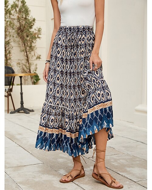 Per donna Gonna lunga Boemia Boho Lungo Maxi Vita alta Gonne Pop art Color Block Collage Stampa Media elasticità Per eventi Spiaggia blu navy Fucsia Quattro stagioni Poliestere Viscosa