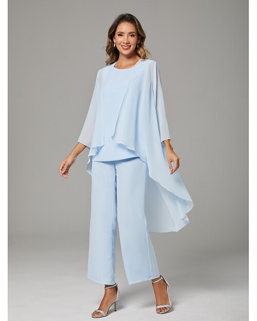 Jumpsuit  Pantalon Mère de la Mariée Invité de Mariage Élégant Grande Taille Décolleté Bateau Longueur au Sol Chiffon Sans Manches Enveloppé Inclus avec Couleur Unie