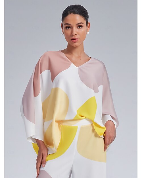 Mulheres Kaftan Bloco de cor Casa Compras Casual Amarelo Em V Ajuste Largo Manga Longa Férias Casual Diário Decote V Verão Primavera