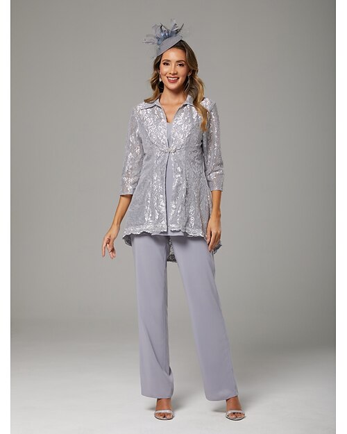 Combinaison  Tailleur 3 pièces Mère de la mariée Élégant Grande taille Décolleté en V Longueur cheville Chiffon Dentelle Manches 3/4 Enveloppé Inclus avec Broche en cristal de sequins