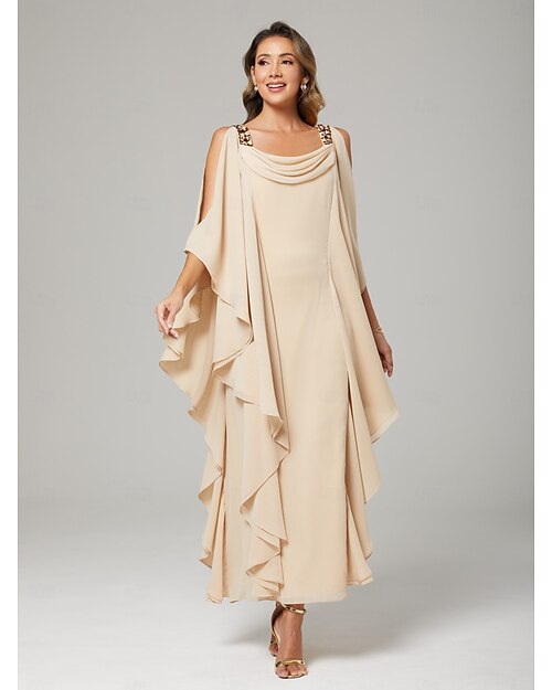 Robe de la mère de la mariée en forme de fourreau  colonne invitée de mariage élégante grande taille col ras du cou longue au sol en chiffon manches demi-longue avec perles et volants en cascade