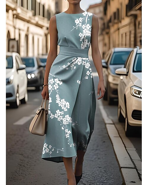 Damen Midikleid Etui-Kleid Figurbetontes Kleid Lässig Formell Halbformelle Kleider Büro Täglich Arbeitsmode Normale Passform Grafik Ärmellos Rundhalsausschnitt Hellgrün Blau Khaki Rosenrot Sommer
