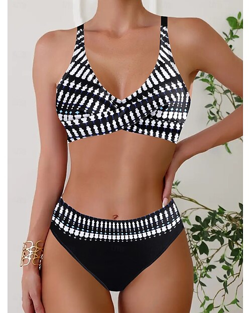 Damen Badeanzug Bikini Zweiteilig Monokini Freche Unterhose Bademode Tiefes V Push-Up Gestrickt Urlaub Tropisch Farbblock Gestreift Stürzen Ärmellos Badeanzüge