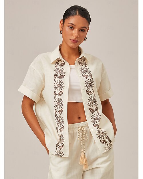 Damen Weiblich Durchgeknöpft Hemd Freizeithemd Lässig T-Shirt Ärmel Aprikose Knöpfe Druck Kurzarm Elegant Bohemien Urlaub Hemdkragen Sommer