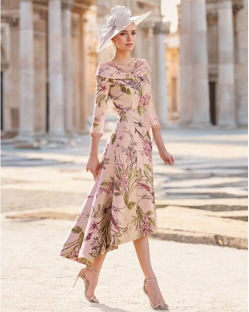 Robe de mère de la mariée en A-Line invitée de mariage élégante vintage en V longueur cheville satin manches courtes avec fleurs robe de jour de course invité de mariage taille personnalisée gratuite