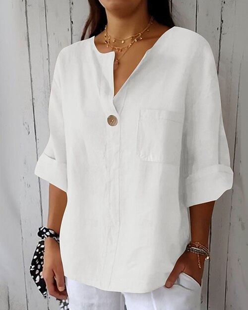 Blouse Femme en Coton Lin Couleur Unie Élégante Stylée Décontractée Manches 3/4 Col en V Tops Réguliers Quotidien Vacances Boutons Noir Blanc Rose Bleu Beige Été Printemps