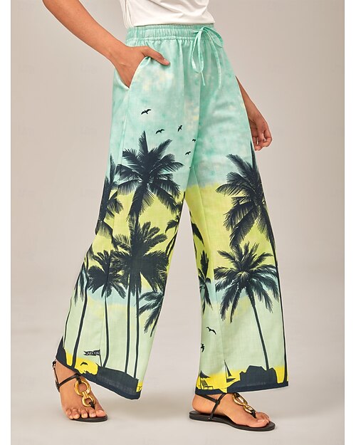 Damen Weites Bein Volle Länge Hohe Taille Elegant Bohemien Urlaub Lässig Täglich Strandurlaub Hellgrün Sommer XS S M