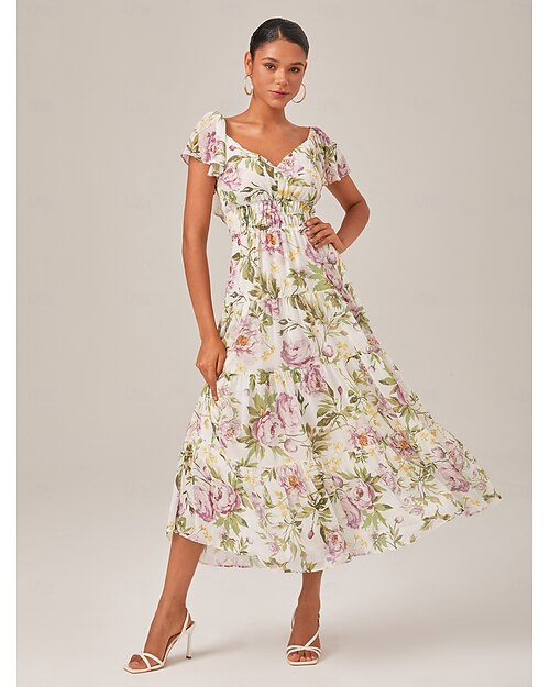Femmes Robe en Chiffon Robe maxi Jaune Été Coeur Élégant Vacances Mode S M L