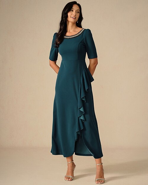 Damen Maxikleid Rüschenkleid Elegant Normale Passform Einfarbig Kurzarm Rundhalsausschnitt Tintenblau Sommer Frühling Herbst