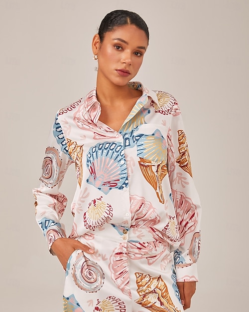 Per donna Femminile Camicia button-down Camicia casual Oceano Conchiglia Creature marine Casuale Maniche bishop Rosa Bottoni Grafico Manica Lunga Elegante Vacanza Casual Colletto a Camicia Estate