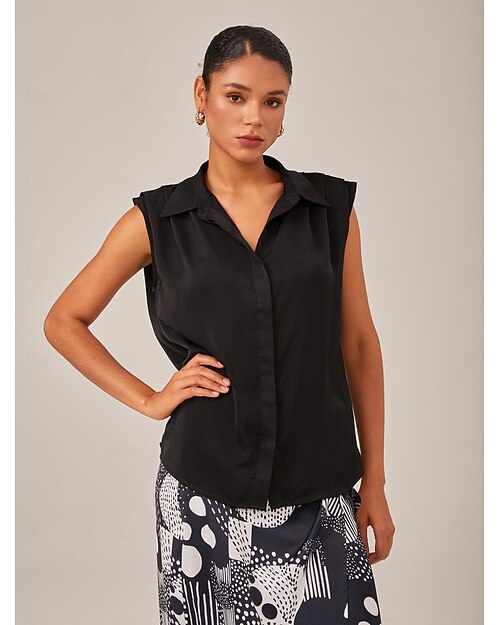 Damen Weiblich Durchgeknöpft Hemd Freizeithemd Büro Lässig Ärmellos Schwarz Knöpfe Ärmellos Elegant Urlaub Minimalistisch Hemdkragen Sommer