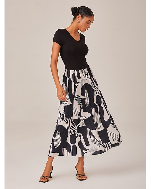 Damen Freizeitkleid Langes Kleid Maxikleid Schwarz Kurzarm Geometrisch Sommer Rundhalsausschnitt Urlaub Modern XS S M