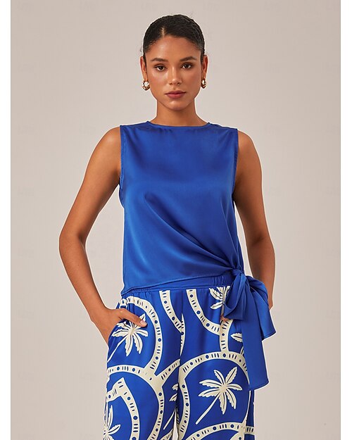 Per donna Femminile Camicia casual Casuale Senza maniche Blu marino annodata Senza Maniche Elegante Vacanza Moderno A barca Estate Primavera