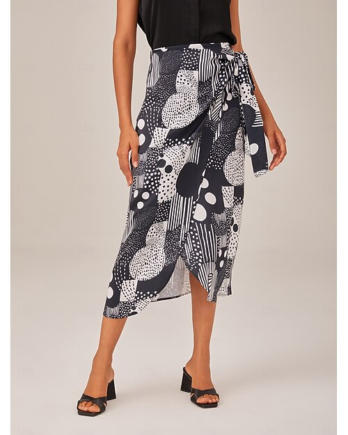 Femmes Féminin Midi Satin Noir Jupes Été Taille haute Élégant Bohème Occasionnel XS S M