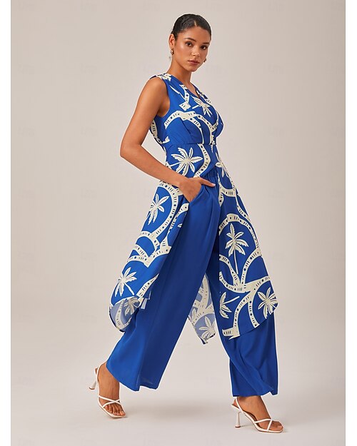 Damen Weiblich Freizeithemd Geometrisch Baum Lässig Ärmellos Marineblau Fließend Ärmellos Elegant Bohemien Urlaub V Ausschnitt Sommer