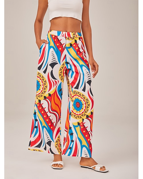 Femmes Féminin Jambe large Longueur complète Satin Bohème Vacances Occasionnel Arc-en-ciel Été XS S M