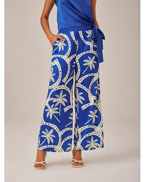 Per donna Femminile Pantaloni a Gamba Larga Lunghezza intera Raso Vita Alta Elegante Bohemien Vacanza Casuale Vacanza al Mare Blu marino Estate XS S M
