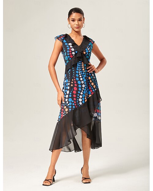 Mulheres Feminino Vestido casual Arco-íris Sem Manga Poá Multi Camadas Verão Decote V Férias Estampado XS S M