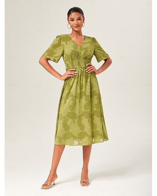 Per donna Abito Elegante Verde Manica Corta Jacquard Jacquard Primavera & Estate Scollo a V Abito elegante Vacanza Data S M L