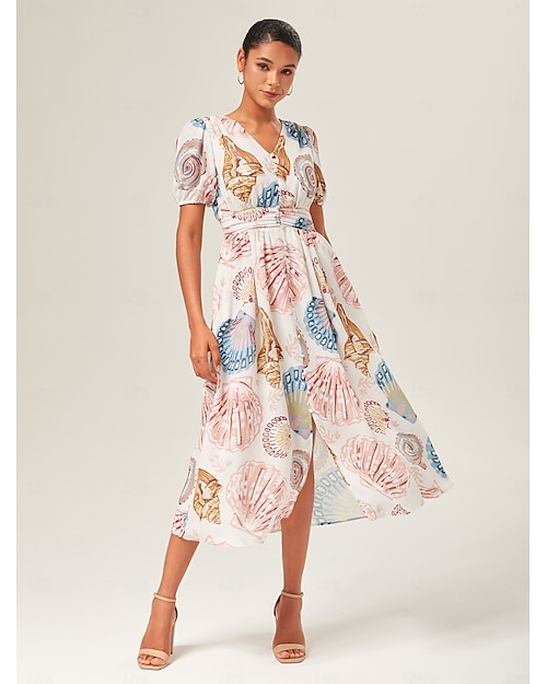 Damen Weiblich Freizeitkleid Langes Kleid Maxikleid Rosa Kurze Ärmel Meeresbewohner Sommer V Ausschnitt Urlaub XS S M