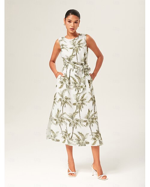 Femmes Robe Décontractée Robe Longue Maxi Robe Vert Sans manches Palmier Été Col rond Vacances XS S M