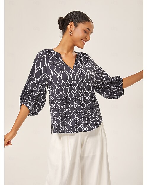 Femmes Féminin Chemise Décontractée Abstrait Occasionnel Manches Bouffantes Noir Manches 3/4 Élégant Vacances Col en V Été Inter-saisons