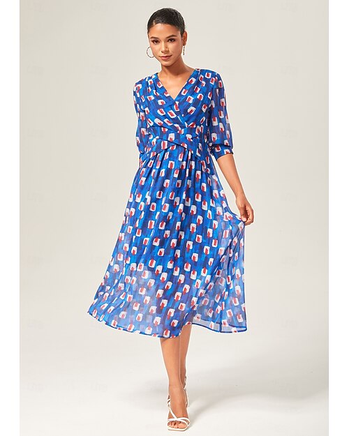Mulheres Feminino Vestido Longo Vestido Maxi Azul Manga Curta Geométrica Verão Decote V Férias XS S M