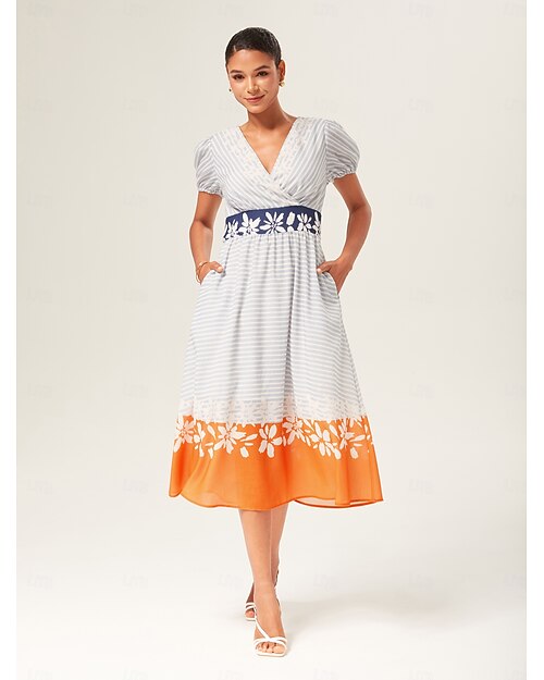 Femmes Féminin Robe Décontractée Robe Midi Orange Manche Courte Été Printemps Col en V Vacances XS S M